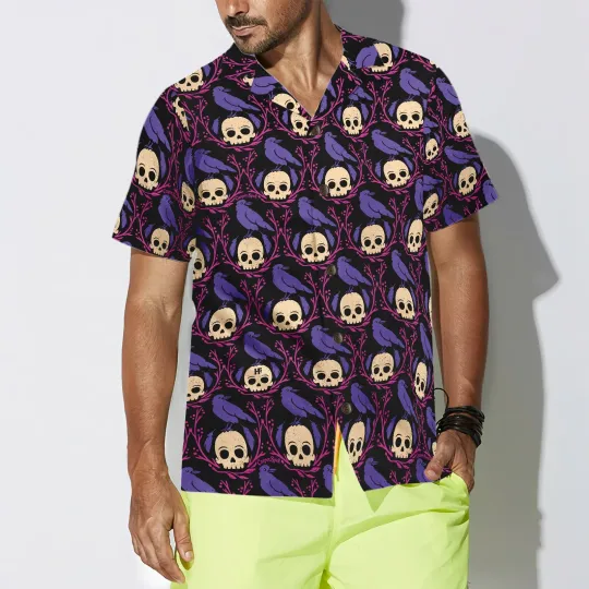 Discover Raven Skull Aloha Shirt Halloween Hawaiian Men Women Spooky Casual Top