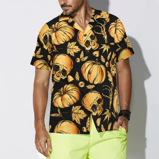 Discover Men Women Halloween Shirt Pumpkin Skull Aloha Hawaiian Casual Outfit