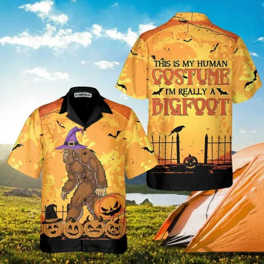 Discover This Is My Human Costume Halloween Hawaiian Shirt Bigfoot Halloween Shirt