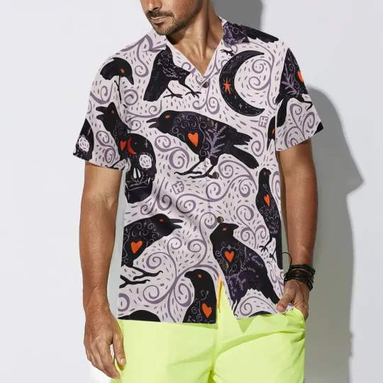 Discover Raven And Skull Hawaiian Shirt Halloween Aloha Top For Men Casual Outfit