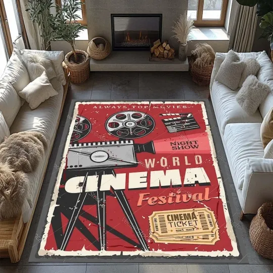 Discover Cinema Rug,Film Pattern Rug,Vintage Home Theater Film Maker,Home Decor,Movie Roo