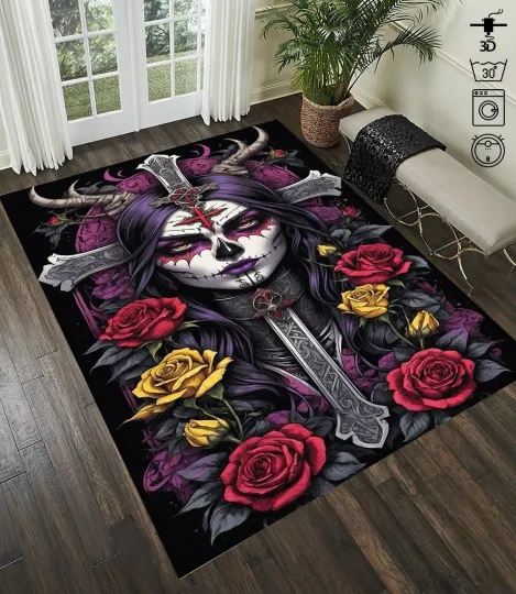 Discover Dark Rose Skull, Vampire Girl Patterned Rug, Aesthetic Rug, Area Rug, Rug