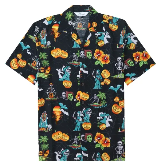 Discover Men's Halloween Hawaiian Shirt Pumpkins Button Down Skull Horror Shirts-Black
