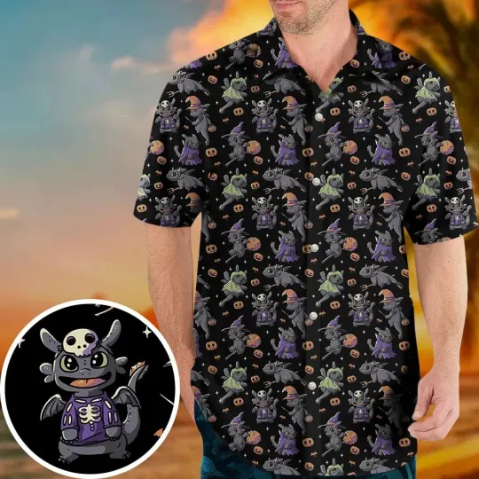 Cute Toothless Halloween Pattern Hawaiian Shirt, Summer Hawaiian Shirt