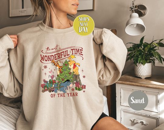 Discover Winnie The Pooh Christmas Sweatshirt: Xmas Tree Hoodie, The Most Wonderful Time, Christmas Lights Sweatshirt