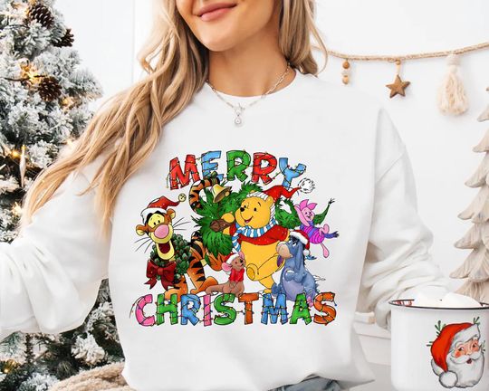 Discover Winnie the Pooh Merry Christmas Shirt Holiday Tee with Pooh Tigger Piglet and Eeyore Tshirt or Sweatshirt Gift for Disney and Holiday Lovers