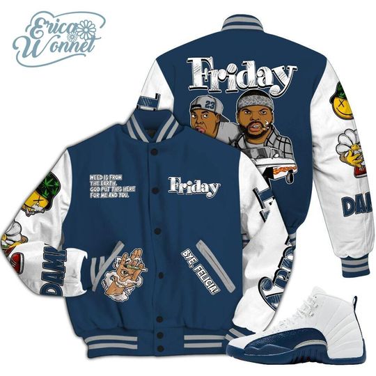 Discover Retro French Blue 2025 12s - Friday Sneaker Stress Style Varsity Jacket