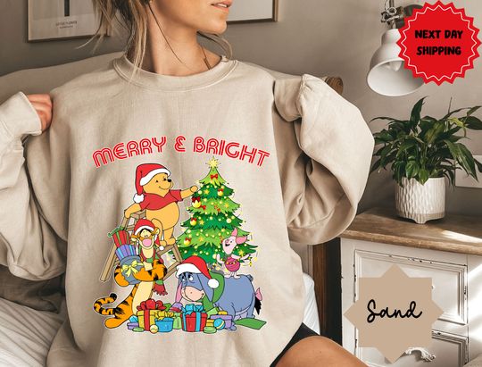 Discover Disney Winnie The Pooh Merry and Bright Sweatshirt, Pooh Tigger Eeyore Santa Christmas Hat Tee, Disneyland Family Vacation Trip Gift