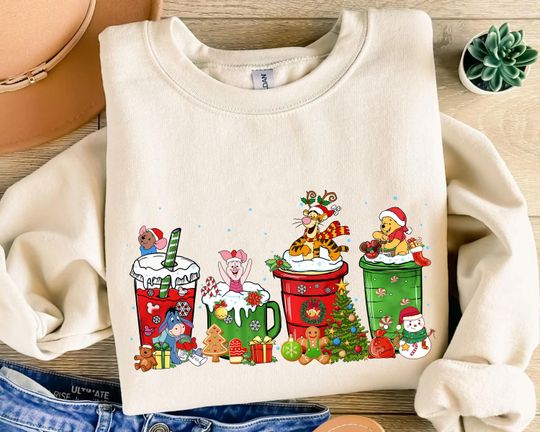 Discover Disney Winnie The Pooh Characters Santa Costume Christmas Coffee Latte Drink Cups Sweatshirt, Pooh Tigger Eeyore Piglet, Disney Xmas Matching Tee