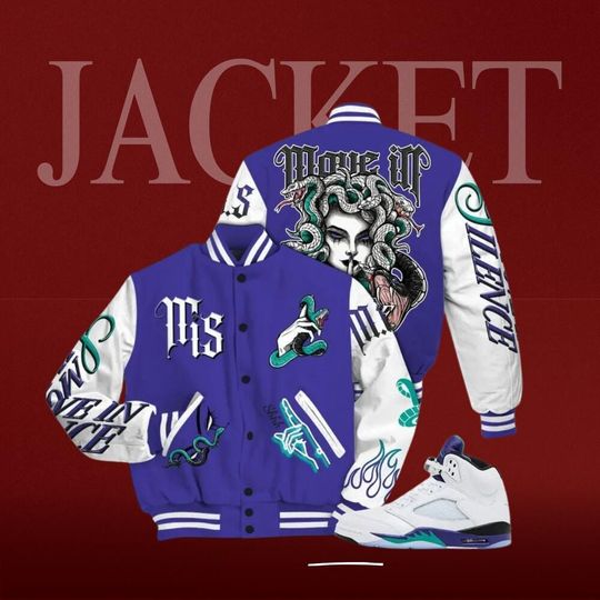 Discover AJ 5 Retro Grape 5s Varsty Jacket- Girl Move In Silence