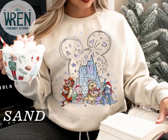 Discover Vintage Disney Winnie The Pooh Christmas Sweatshirt, Pooh Eeyore Tigger Piglet Christmas Castle Shirt, Disneyland Christmas Holiday Gift Tee