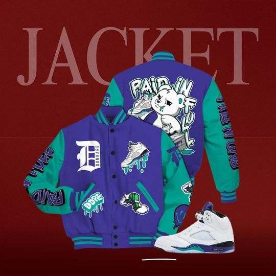AJ 5  Retro Grape 5s Varsity Jacket- Paid In Full Bear