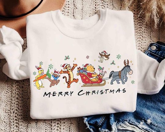 Discover Disney Winnie The Pooh Merry Christmas Shirt, Pooh Tigger Eeyore Piglet Xmas Shirt, Disneyland Matching Family Gift Shirt