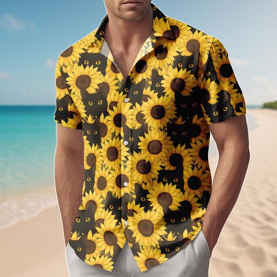 Discover Black Cat Hawaii Shirt & Shorts, Sunflower Button Shirt, Summer Shirt And Shorts Set, Vacation Outfit, Matching Beachwear, Boho Style