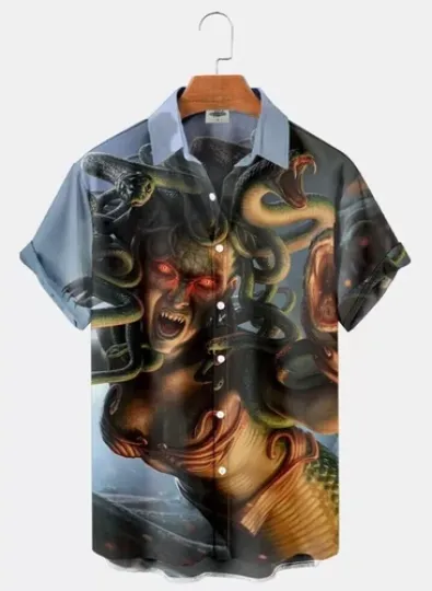 Discover Classic Horror Movie Mythical Creature Medusa 3D Print Buttoned Hawaiian Shirt