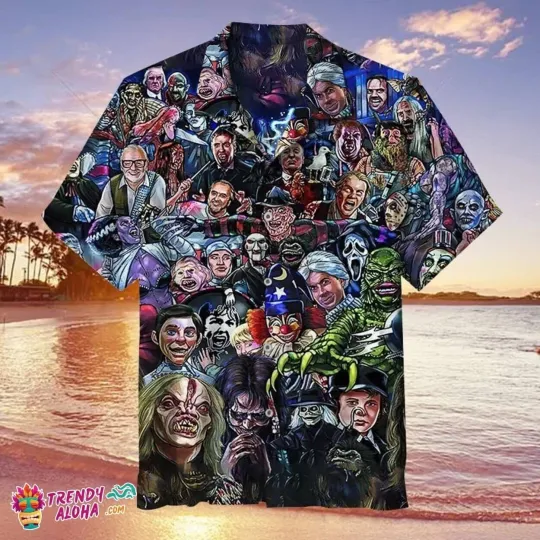 Discover Horror Icons Gathering Scary Movie Friends Hawaiian Shirt