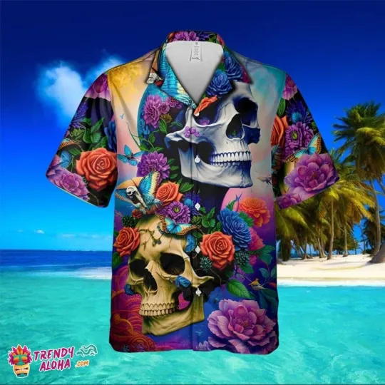 Discover Butterfly Flowers Skull Horror 3D Hawaiian All Over Print Shirt