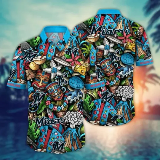 Miami Marlliins Tropical Tiki Hawaiian Shirt Summer Aloha, Gift for Fan