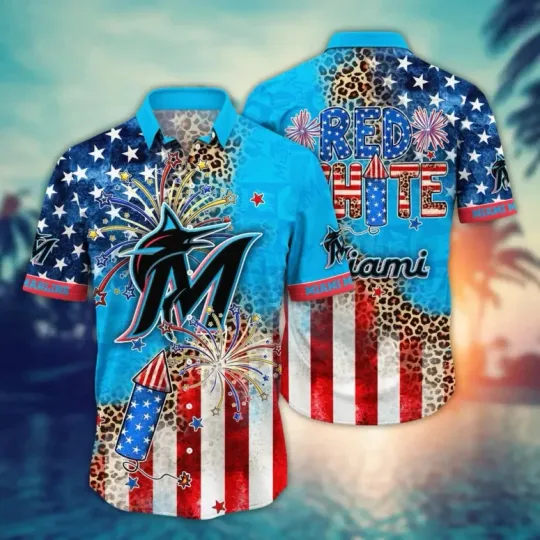 Discover Miami Marlins Fireworks & Leopard Print Hawaiian Shirt Summer Aloha S-5XL