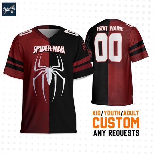 Discover Custom SpiderMan Black & Red color Football Jersey, Custom Name and Number Disney Jersey, Disney Football Jersey, Gift for Disney Fans