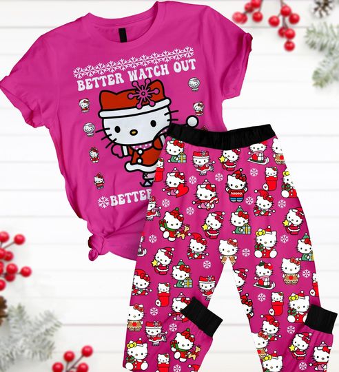 Hello Kitty Christmas Shirt, Santa Hello Kitty Pjs Christmas, Kitty Shirt, Hello Kitty Gift, Girls Christmas Pjs, Christmas Gift