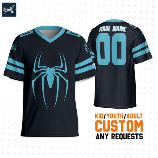 Discover Custom SpiderMan Light Blue & Black Football Jersey, Custom Name and Number Disney Jersey, Disney Football Jersey, Gift for Disney Fans