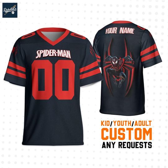 Custom SpiderMan Black & Red color Football Jersey, Custom Name and Number Disney Jersey, Disney Football Jersey, Gift for Disney Fans