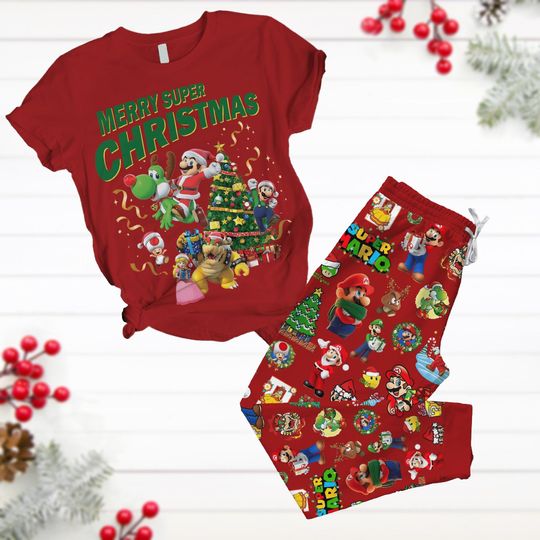Discover Super Mario Christmas Shirt, Santa Mario Holiday Pajamas, Luigi Peach Bowser Yoshi Xmas Pajamas For Party, Pajamas Family, Mario Pjs