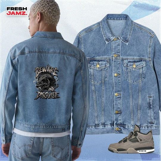 Discover AJ 4 Cave Stone Beware The Disguise Denim Jacket Men Match Sneaker, Streetwear