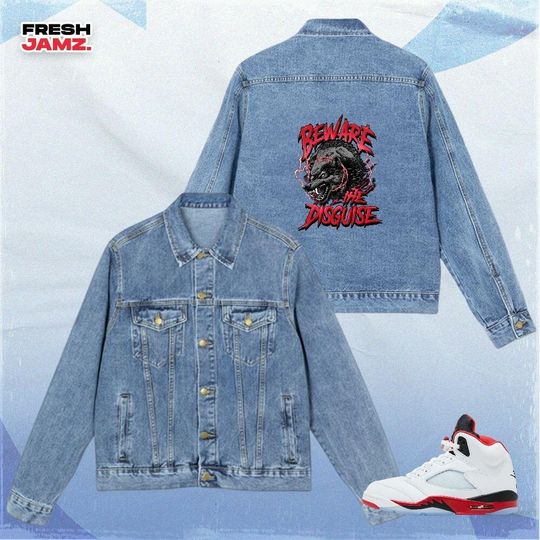 Discover AJ 5 Fire Red Beware The Disguise Denim Jacket Men Match Sneaker, Streetwear