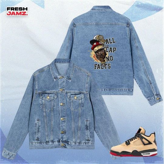 Discover AJ 4 Pizza All Cap No Facts Denim Jacket Men Match Sneaker, Streetwear