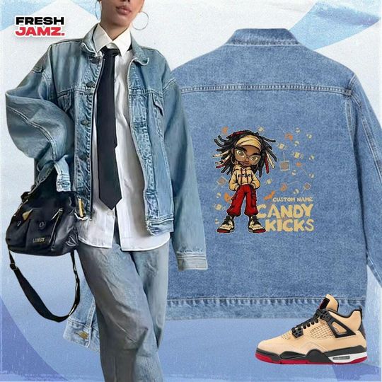 AJ 4 Pizza Candy Kicks Halloween, Denim Jacket Unisex Match Sneaker, Streetwear Personalized