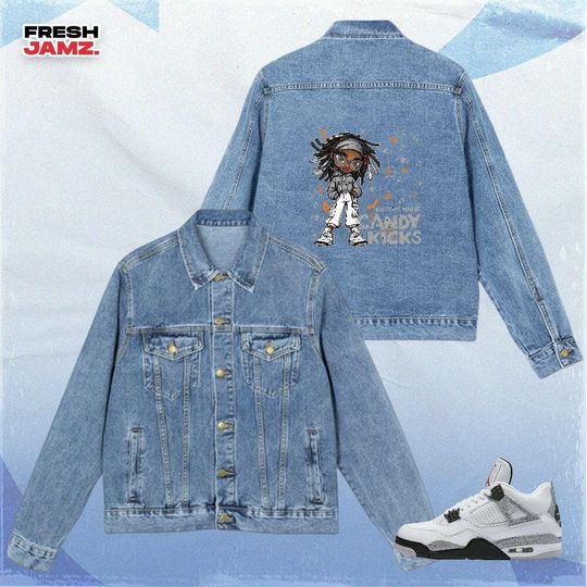 Discover AJ 4 White Cement Candy Kicks Halloween, Denim Jacket Unisex Match Sneaker, Streetwear Personalized