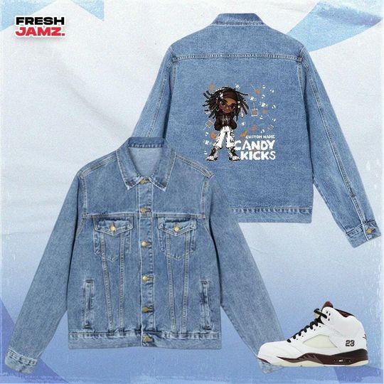 Discover AJ 5 Black Collective Candy Kicks Halloween, Denim Jacket Unisex Match Sneaker, Streetwear Personalized