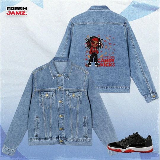 Discover AJ 11 Low Bred Candy Kicks Halloween, Denim Jacket Unisex Match Sneaker, Streetwear Personalized
