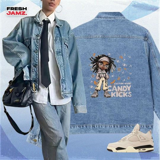 AJ 4 While You Were Sleeping Candy Kicks Halloween, Denim Jacket Unisex Match Sneaker, Streetwear Personalized