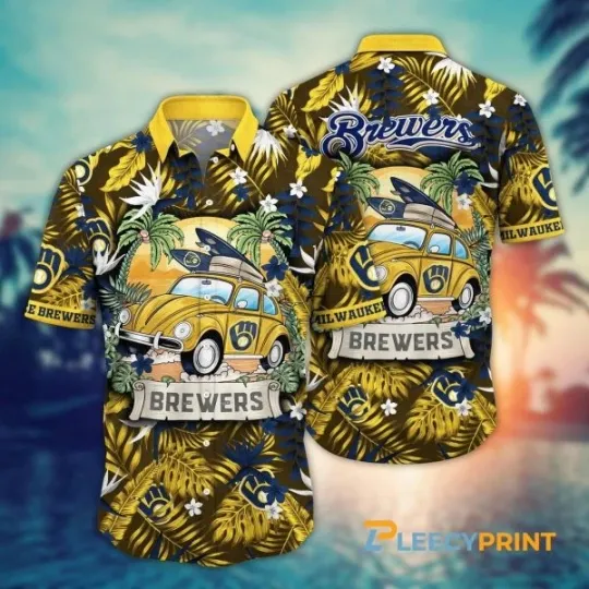 Discover Milwauke Breewerrs Surfing Car Palm Branch Hawaiian Shirt, Gift for Fan