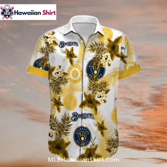 Discover Tropical Floral Print Milwauke Breewerrs Aloha Hawaiian Shirt Gold, Gift for Fan