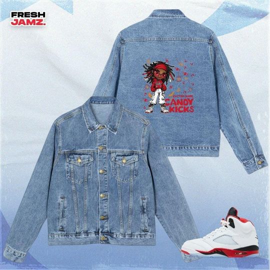 Discover AJ 5 Fire Red Candy Kicks Halloween, Denim Jacket Unisex Match Sneaker, Streetwear Personalized