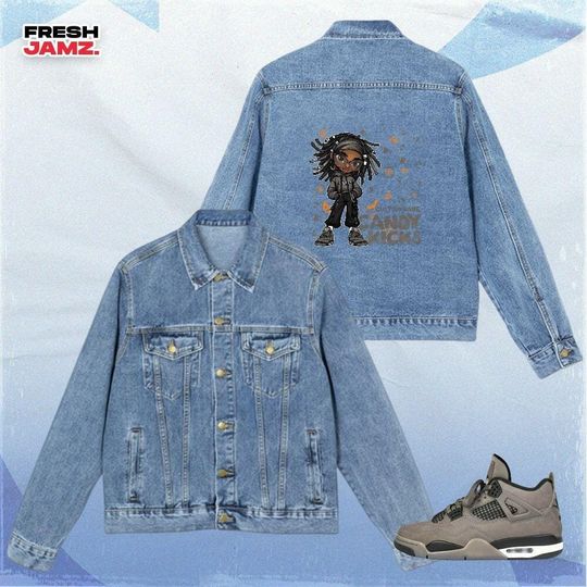 Discover AJ 4 Cave Stone Candy Kicks Halloween, Denim Jacket Unisex Match Sneaker, Streetwear Personalized