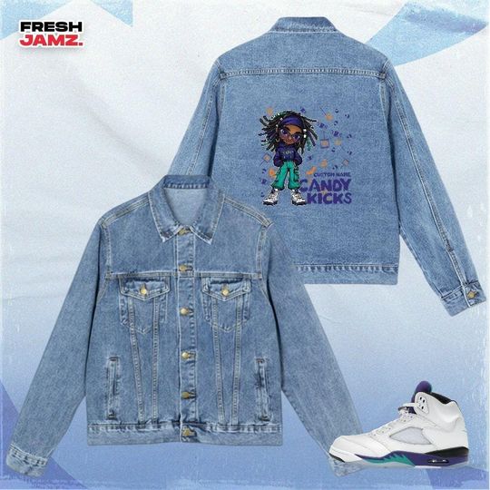 Discover AJ 5 Grape Candy Kicks Halloween, Denim Jacket Unisex Match Sneaker, Streetwear Personalized