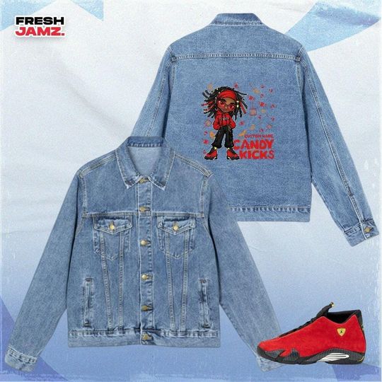 AJ 14 Ferrari Candy Kicks Halloween, Denim Jacket Unisex Match Sneaker, Streetwear Personalized