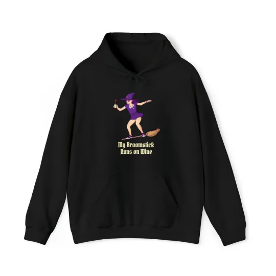 Discover My Broomstick Runs On Wine Halloween Witch Graphic Hoodie, Sizes S-5XL