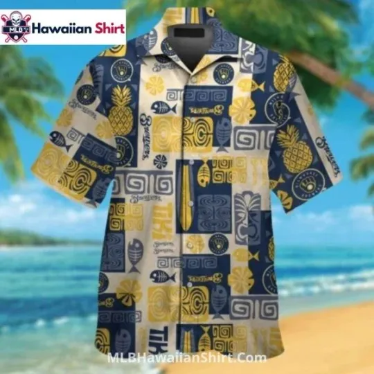 Tiki Patchwork Milwauke Breewerrs Aloha Hawaiian Shirt Tribal Look , Gift for Fan