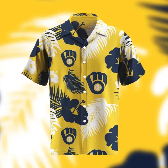 Discover Milwauke Breewerrs Button Down Hawaiian Shirt, Yellow, Tropical Leaves, Gift for Fan