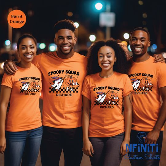 Discover Personalized Name Spooky Squad Shirt, Halloween Squad Custom Name Shirt, Ghost Pumpkin Spooky Season Matching Tee, Halloween Party Gift Idea