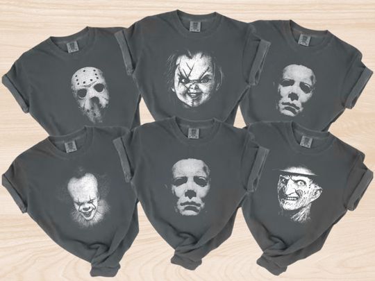 Discover Retro Horror Movie Characters Halloween Shirts, Matching Murders Halloween Party Tees, Myers Chucky Voorhees Freddy Pennywise Group Tees