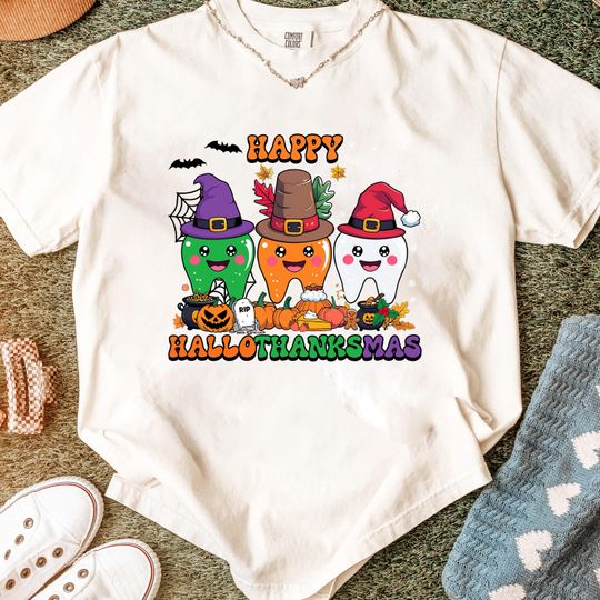 Discover Happy Hallothanksmas Dental Shirt, Dental Squad, Dental Officer T-Shirt For Halloween, Merry Christmas Shirt, Halloween T-Shirt For Dentist