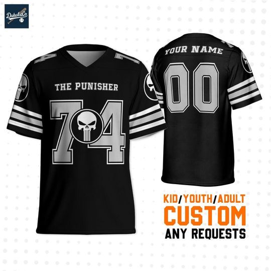 Personalize Marvel The Punisher Black, Custom Kids Youth Adult Disney Football Jersey, Gift For Marvel Fan