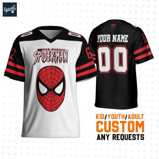 Personalize Marvel Spider-man Black White, Custom Kids Youth Adult Disney Football Jersey, Gift For Marvel Fan